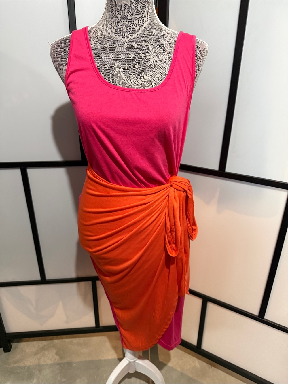 SHEIN Hot Pink Tank Midi Dress with Orange Sarong Tie